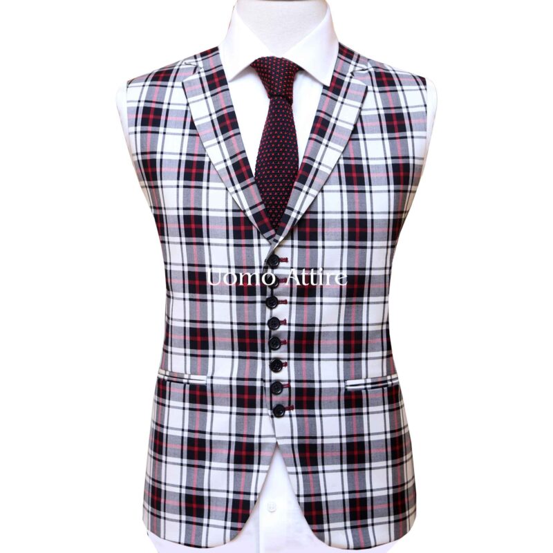 Bespoke mens black three piece suit with contrast single breasted vest