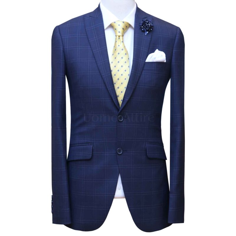 Navy blue mens check 2 piece suit - Uomo Attire