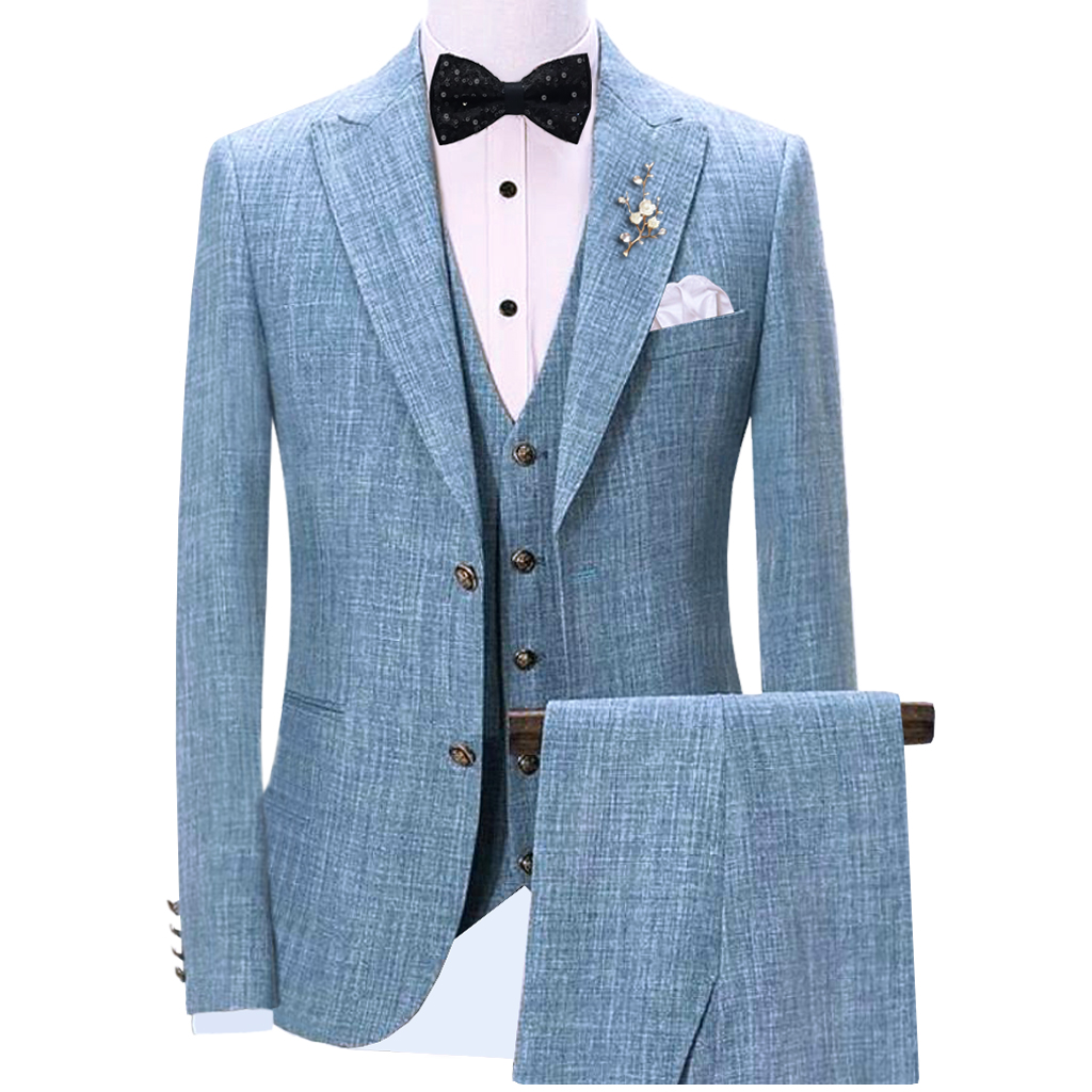 linen light blue wedding tuxedo three piece suit - Uomo Attire