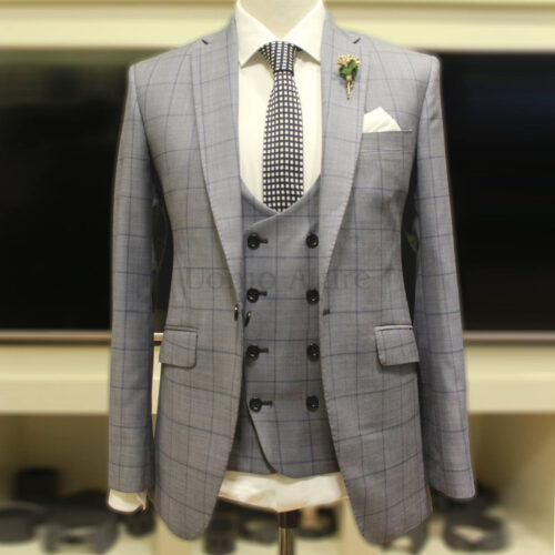 windowpane check mens gray 3 piece suit, three piece suit, gray suit