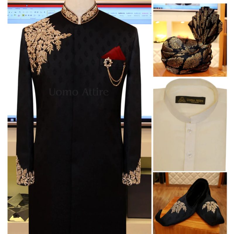 Black Jamawar Wedding Sherwani for Groom